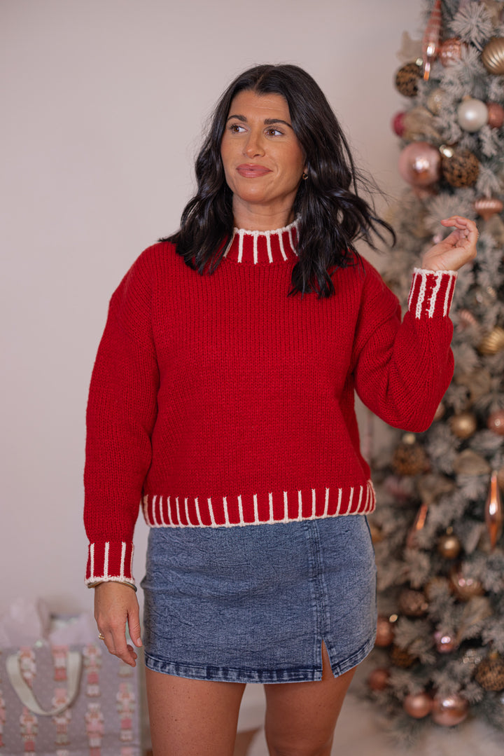 Women's red sweater knit boxy top with cream stitching trim details by So Me