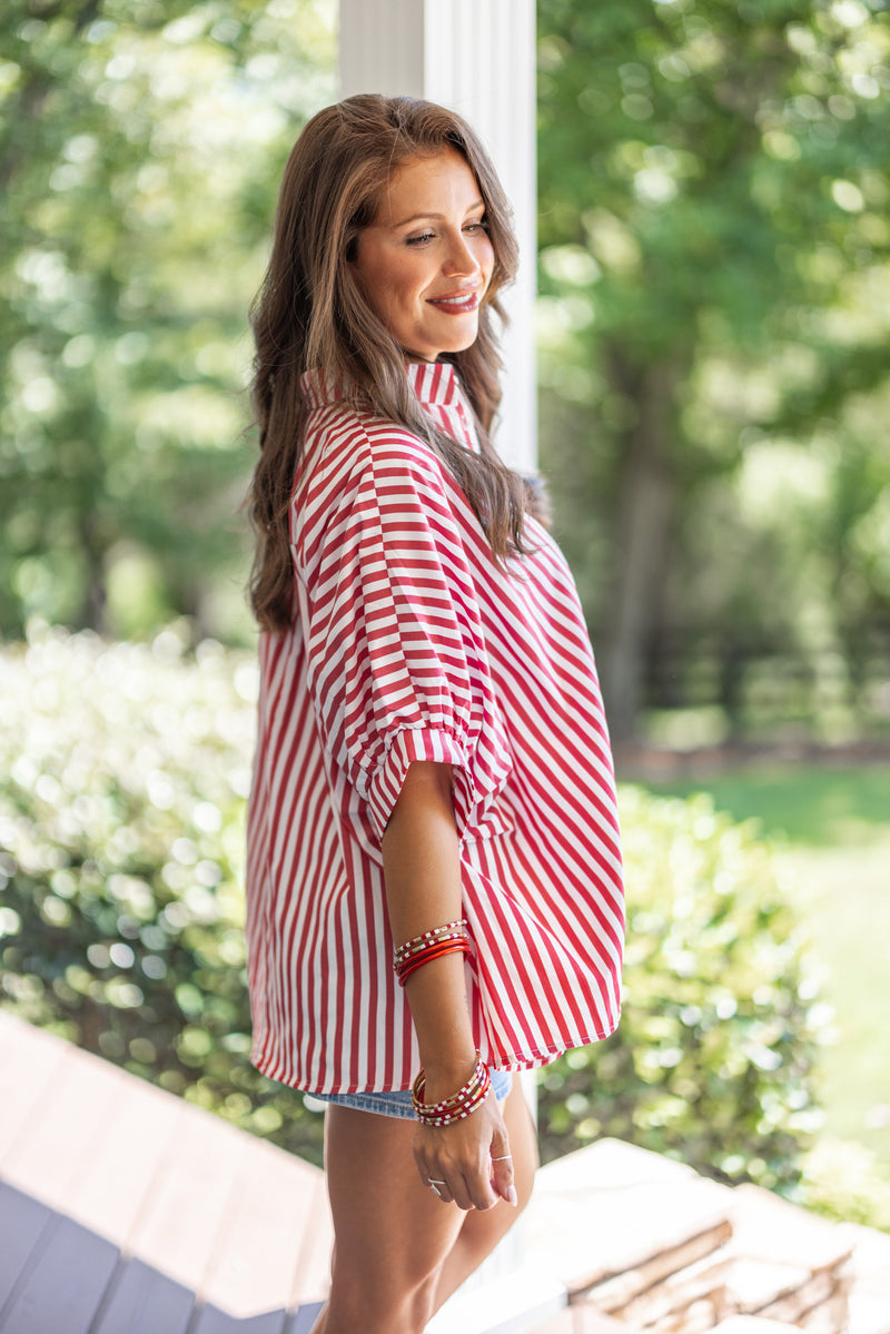 casual red white stripe short sleeve blouse