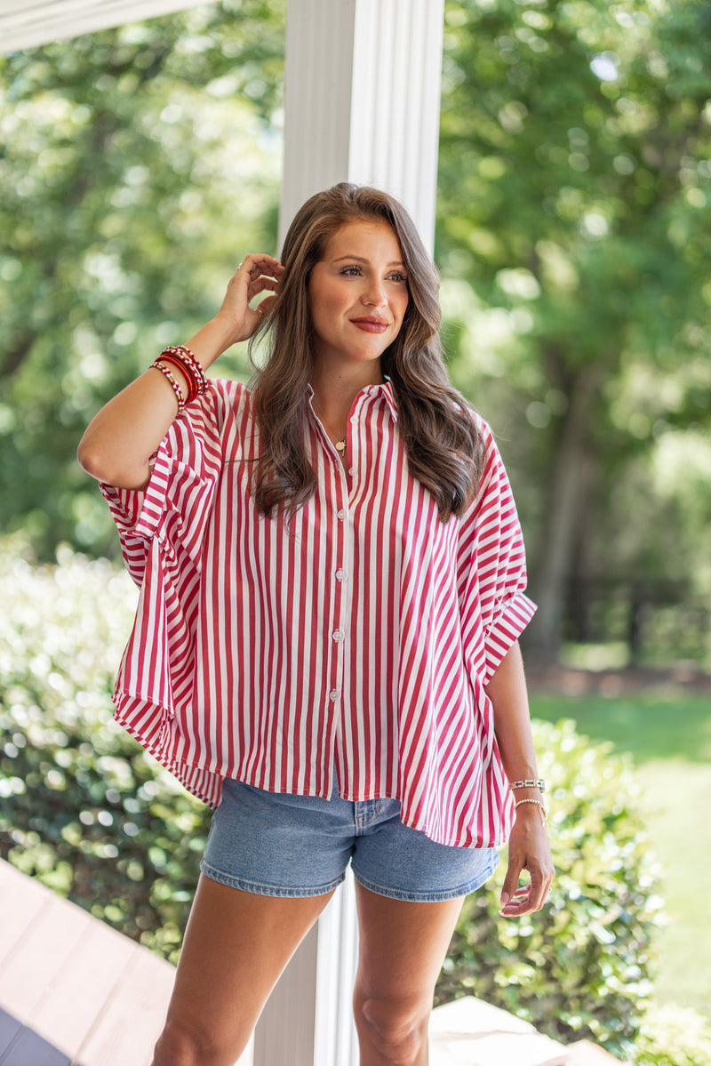 casual red white stripe short sleeve blouse