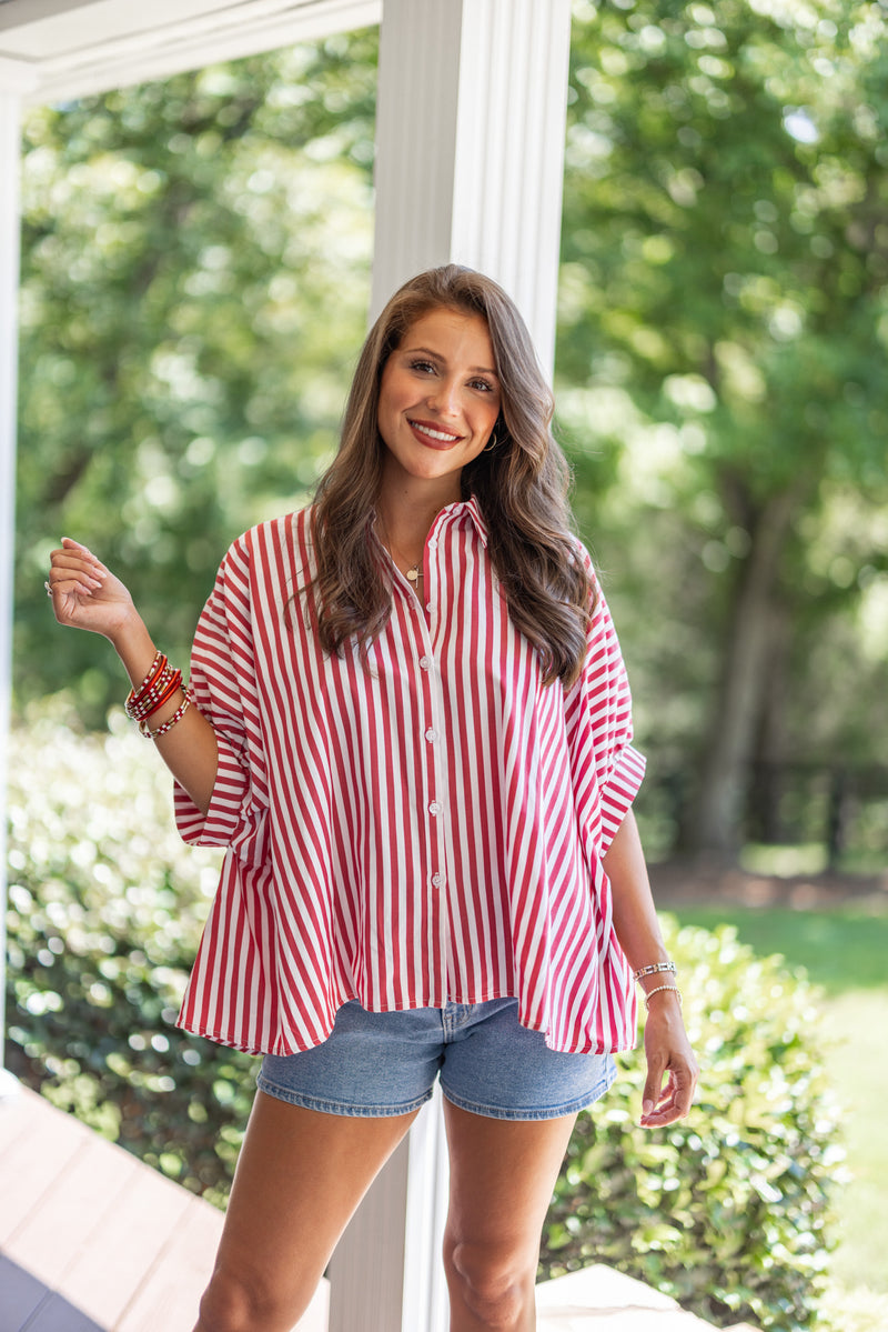 casual red white stripe short sleeve blouse