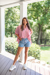 casual red white stripe short sleeve blouse