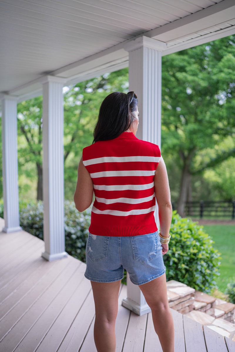 red stripe knit collared tank