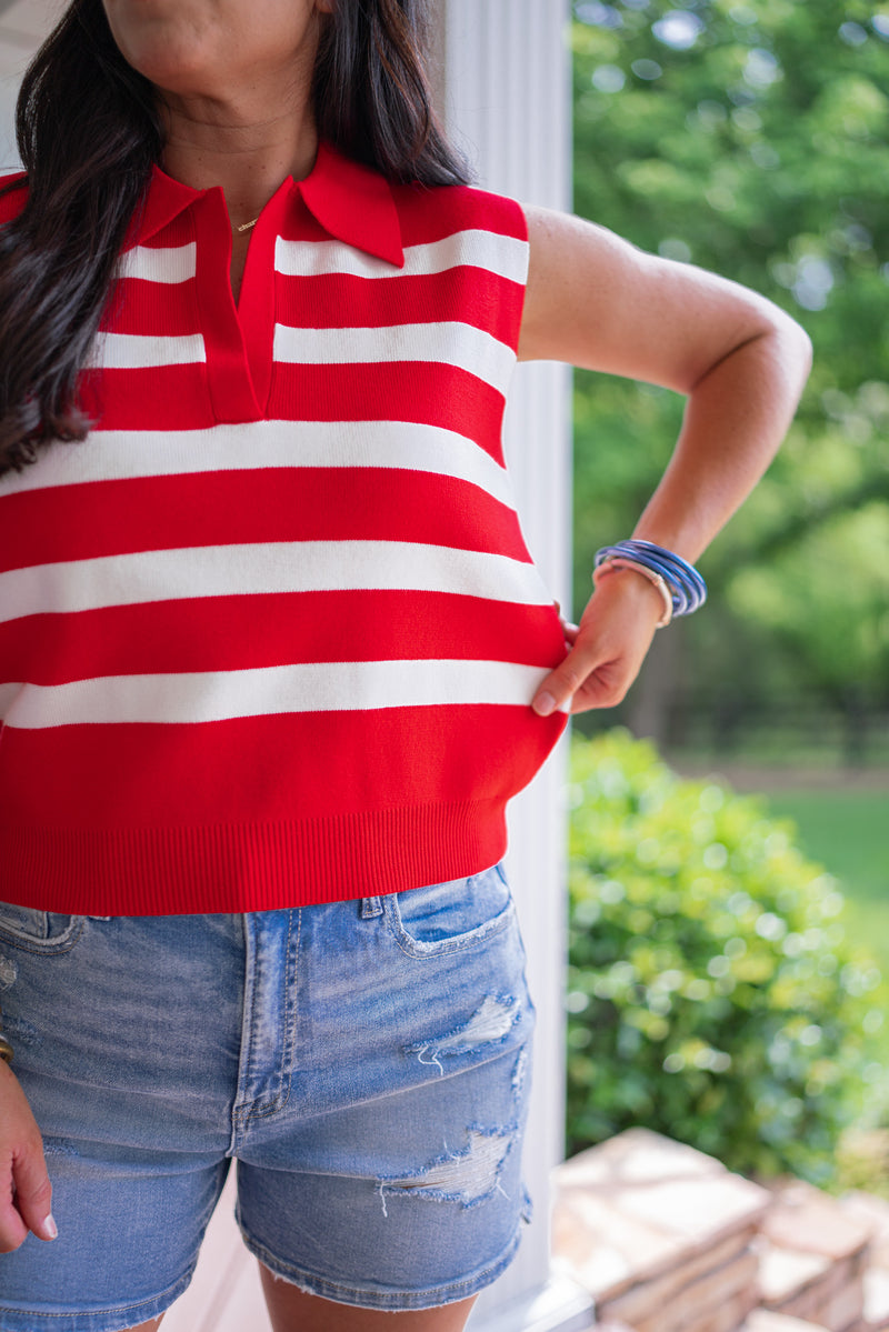 red stripe knit collared tank