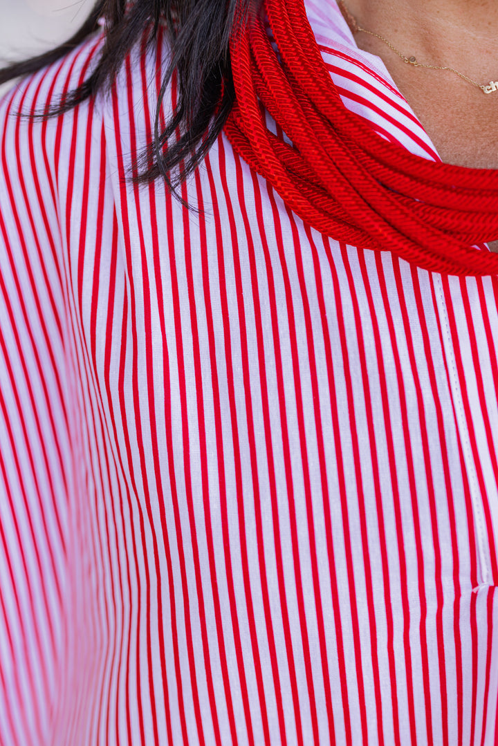 Women's red and and white striped dolman short sleeve top by Karlie showing up close view of striped pattern