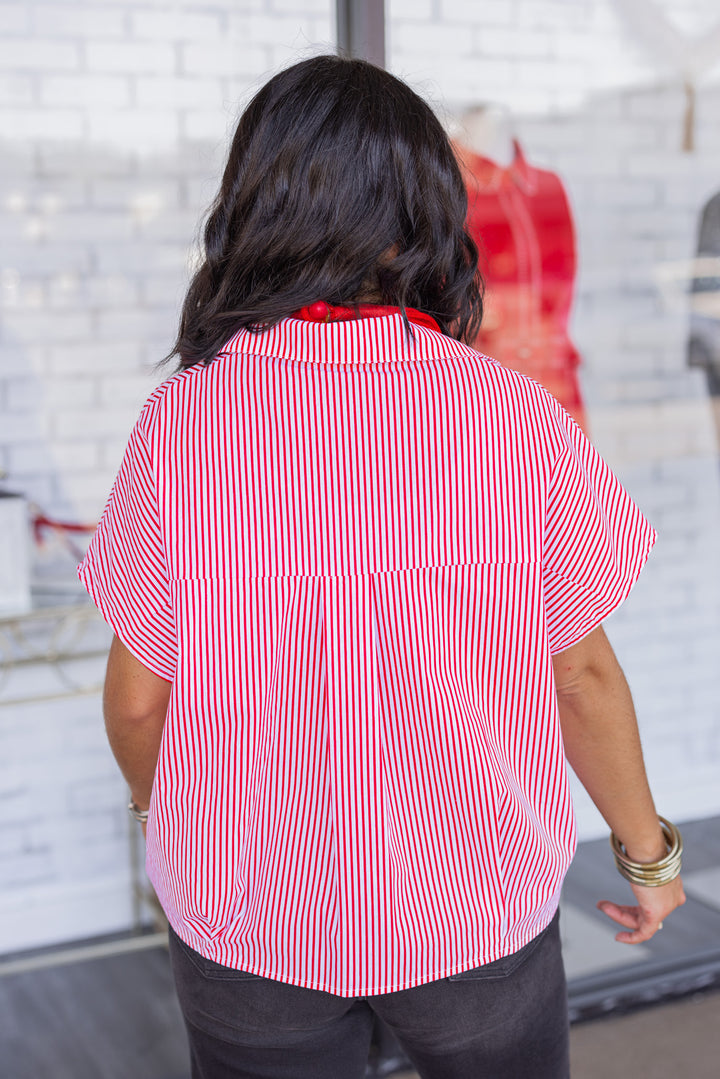 Women's red and and white striped dolman short sleeve top by Karlie showing up close back view