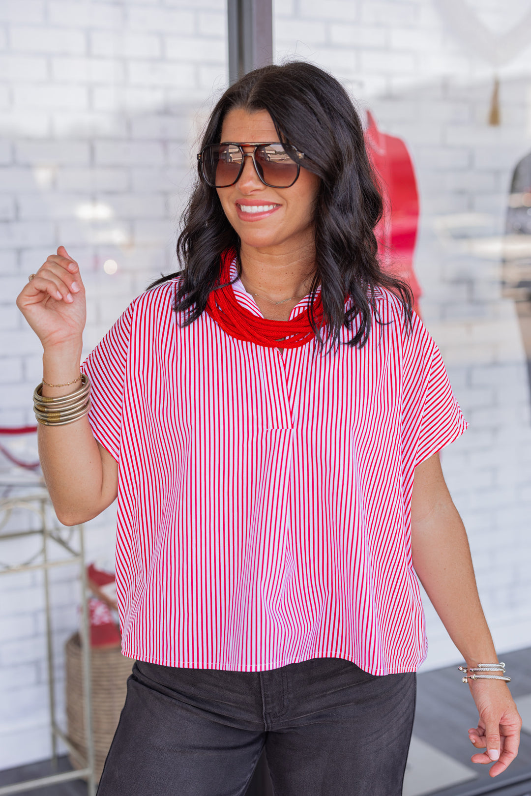 Women's red and and white striped dolman short sleeve top by Karlie