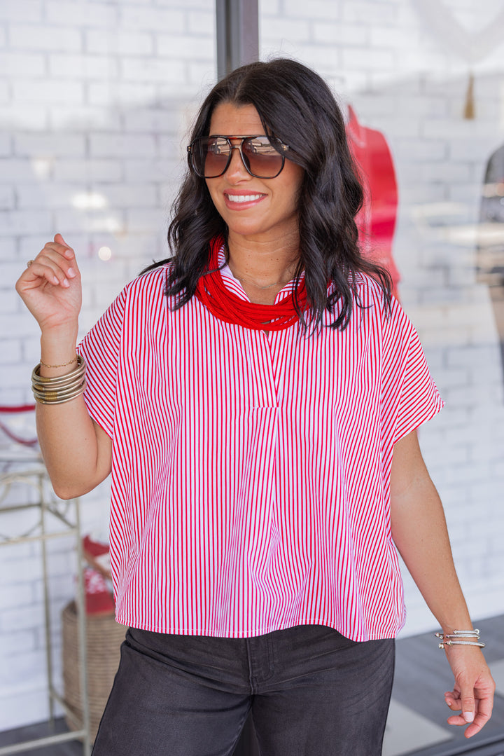 Women's red and and white striped dolman short sleeve top by Karlie