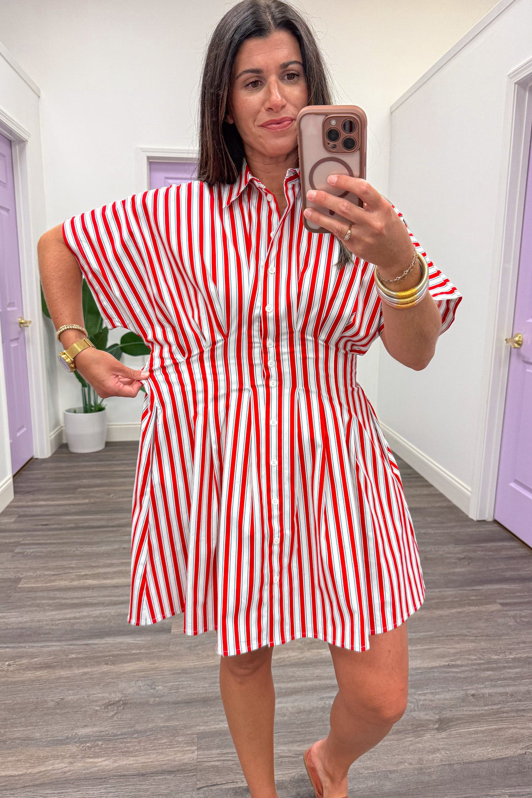 red white and blue striped gathered waist dolman sleeve collared neckline short dress