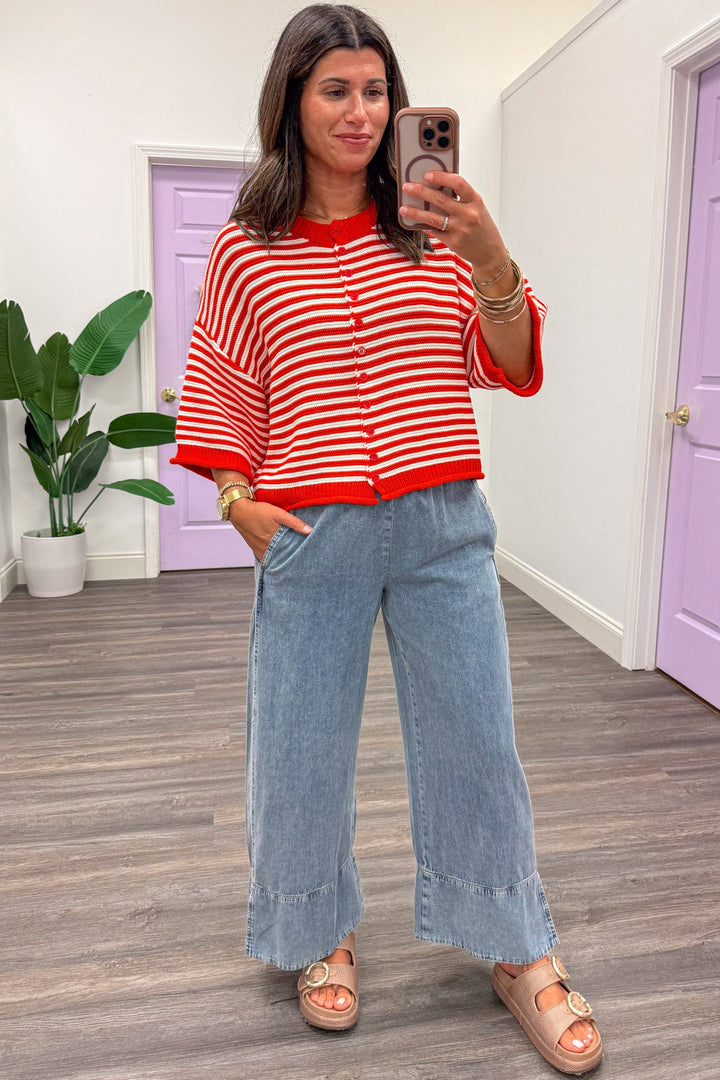 red and off white striped drop shoulder half sleeve semi-cropped button front cardigan top