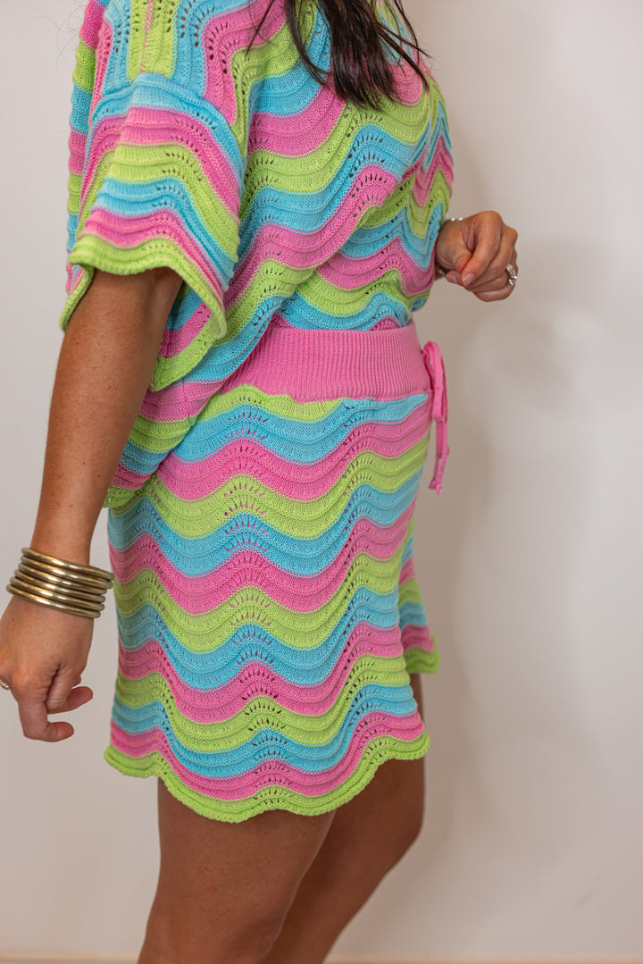 pink blue green woven striped shorts set