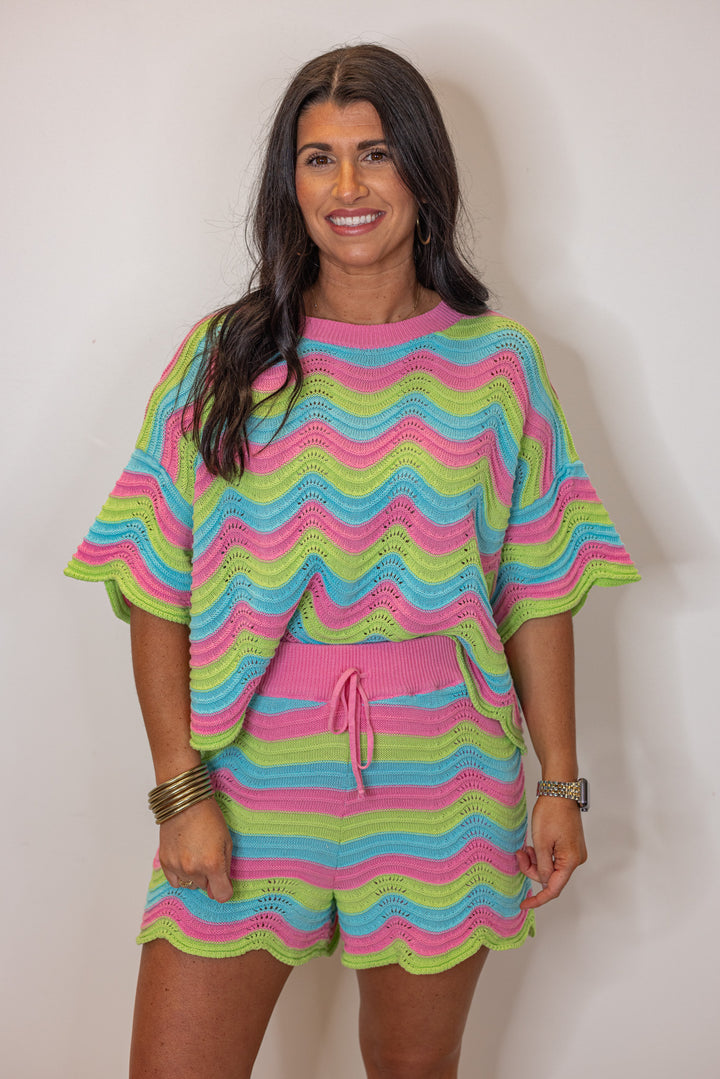 pink blue green woven striped shorts set