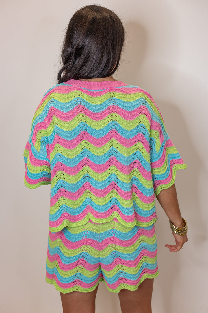 pink blue green woven striped shorts set