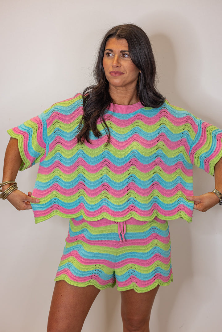 pink blue green woven striped shorts set