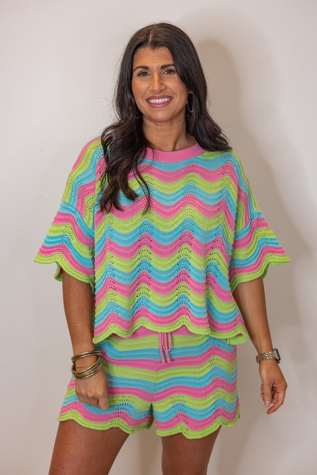 pink blue green woven striped shorts set