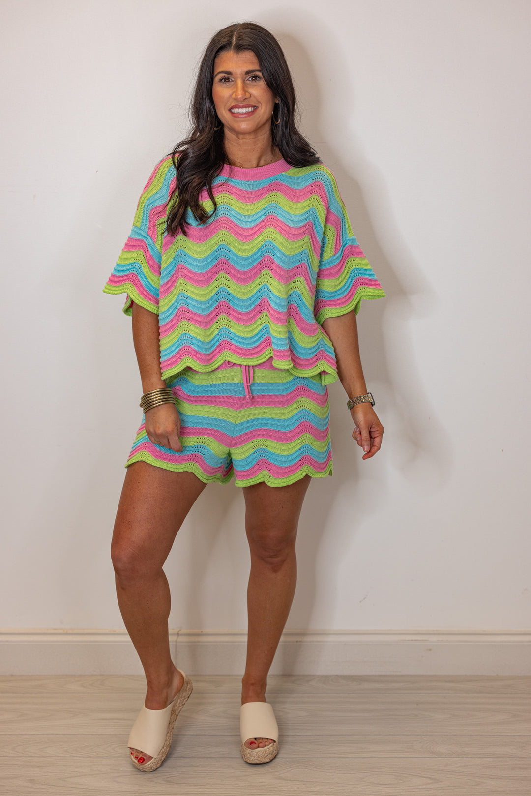 pink blue green woven striped shorts set