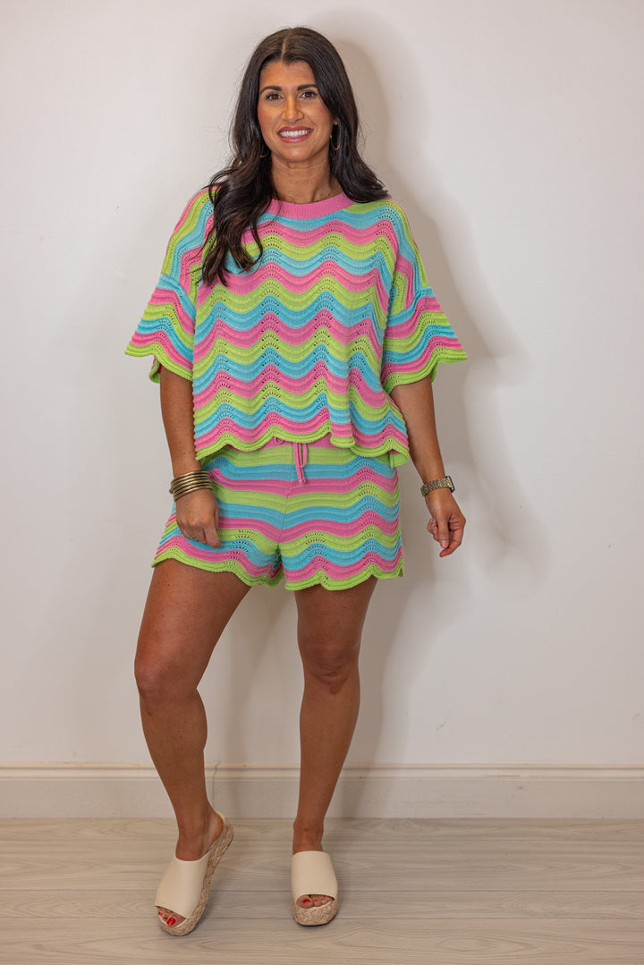 pink blue green woven striped shorts set