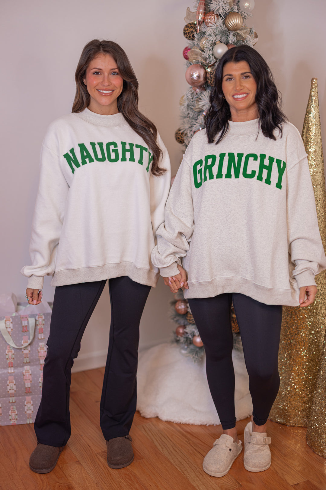 Women&#39;s reversible sweatshirt with &quot;Grinchy&quot; on grey or &quot;Naughty&quot; on white by BucketList