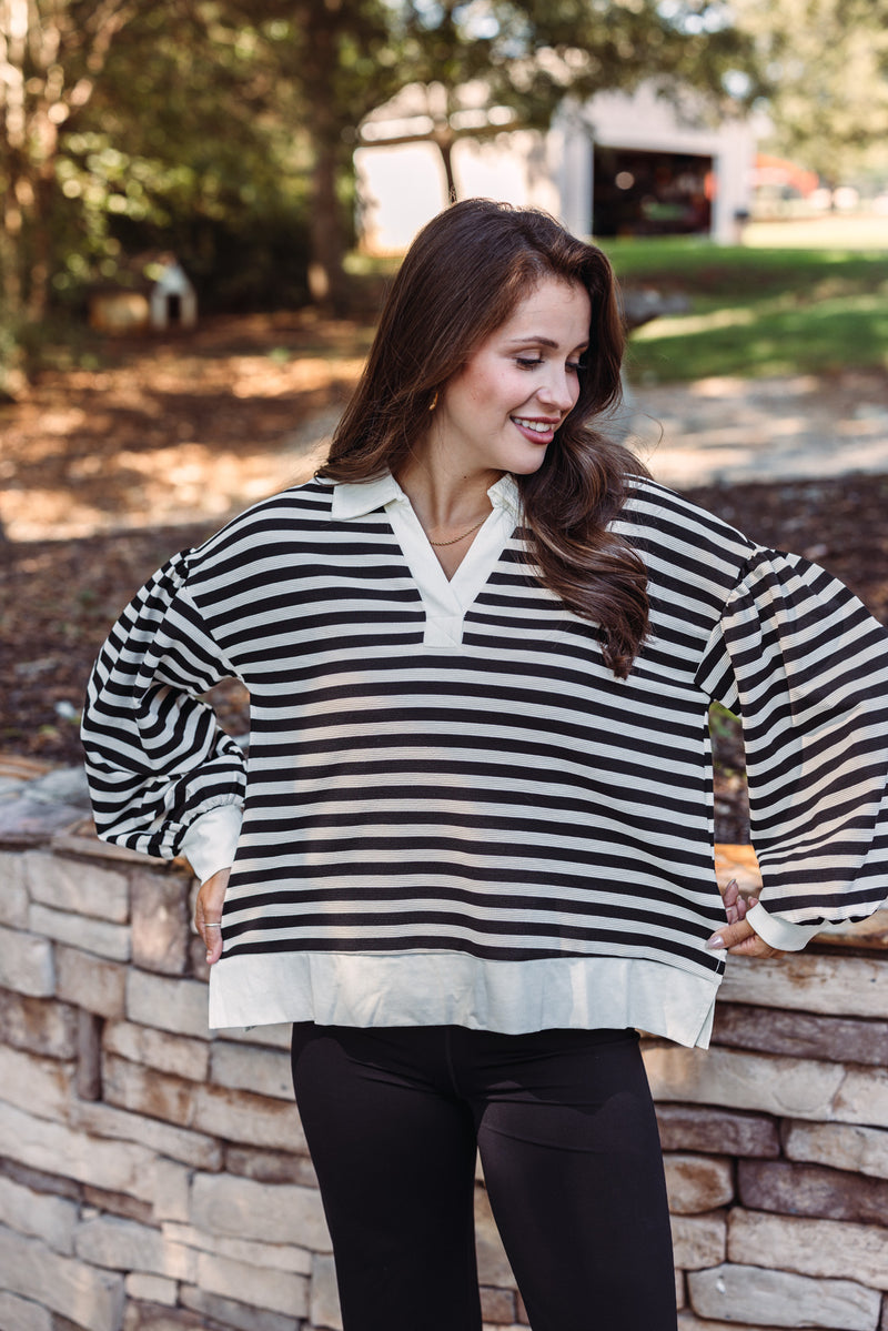 ribbed black white striped collared pullover