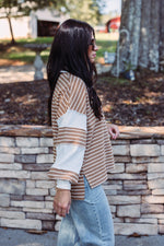 tan white striped collared pullover top