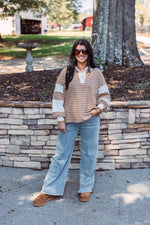 tan white striped collared pullover top