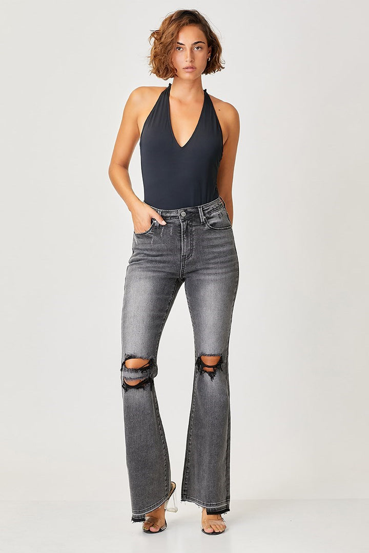risen washed black wide leg flare denim jeans