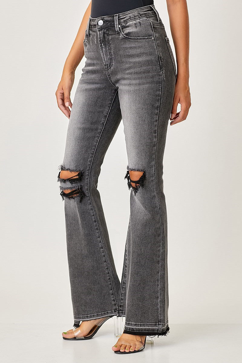 risen washed black wide leg flare denim jeans