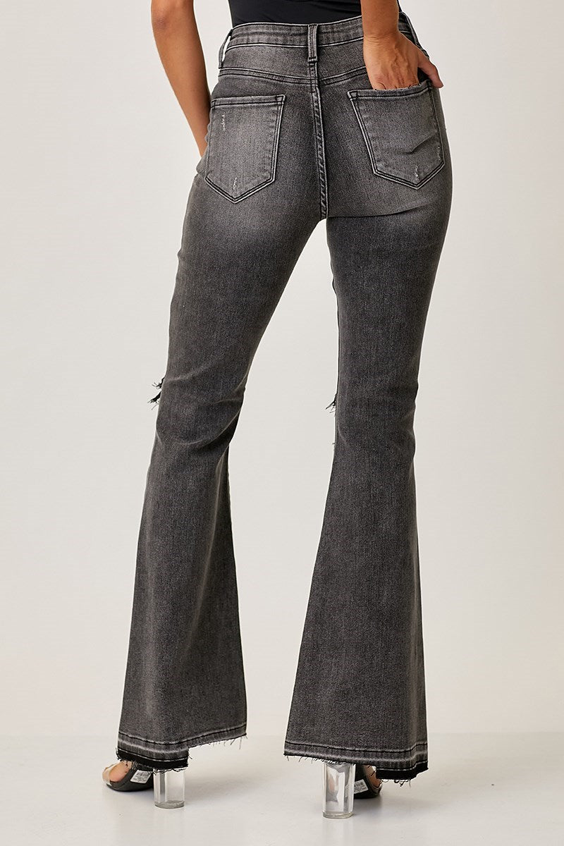risen washed black wide leg flare denim jeans