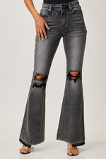 risen washed black wide leg flare denim jeans