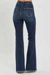 risen dark wash flare denim blue jeans