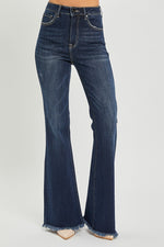 risen dark wash flare denim blue jeans