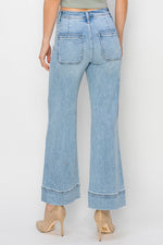 Risen Jeans medium light washed denim wide leg jeans with no rips