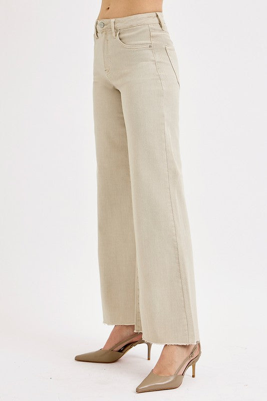 Risen Jeans almond denim wide leg palazzo jeans with tummy control showing side view