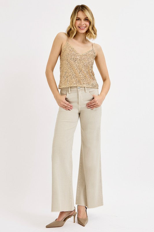 Risen Jeans almond denim wide leg palazzo jeans with tummy control showing full front view