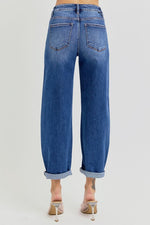 Risen Jeans dark washed blue denim barrel jeans with no rips