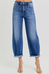 Risen Jeans dark washed blue denim barrel jeans with no rips