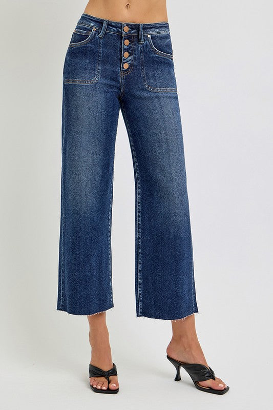 Risen Jeans dark washed denim button fly wide leg cropped jeans