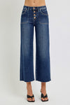 Risen Jeans dark washed denim button fly wide leg cropped jeans