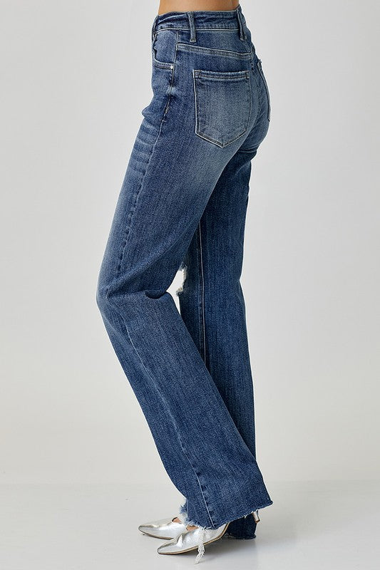 Risen Jeans long inseam straight distressed jeans in dark wash