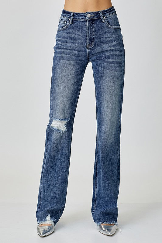 Risen Jeans long inseam straight distressed jeans in dark wash