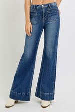 Risen Jeans dark washed denim flare jeans with patch pockets