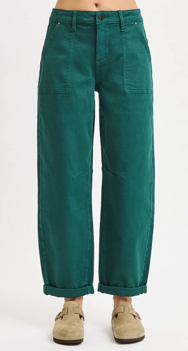 Risen Jeans hunter green ankle cuffed denim barrel pants with no rips 