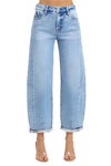 Risen Jeans medium washed blue denim barrel jeans with no rips