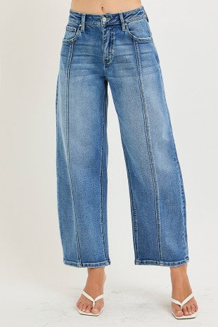 Risen jeans slouchy crop barrel jeans with seamed details in medium wash