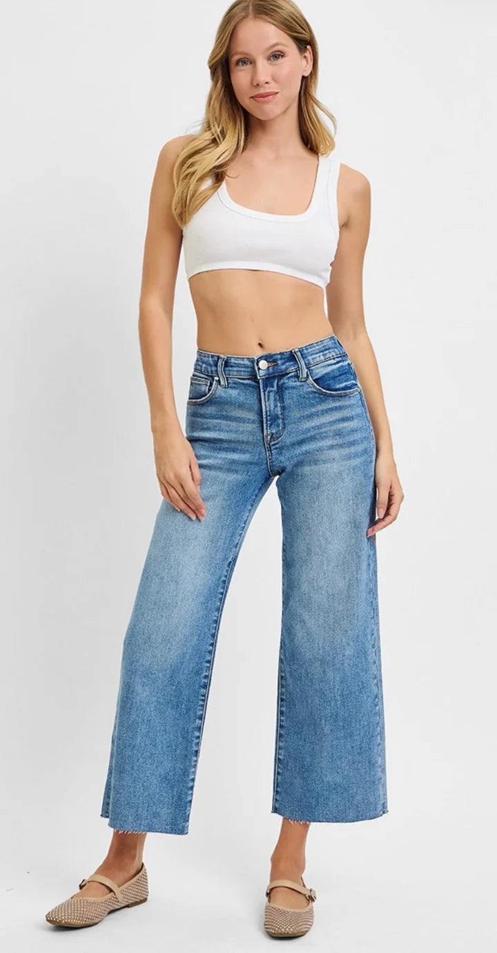 Risen Jeans medium wash blue denim wide leg cropped jeans 