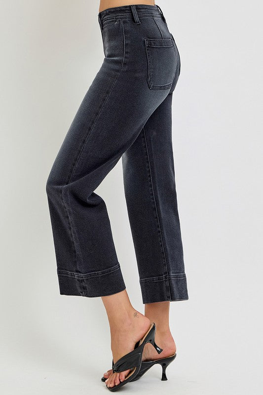 Risen Jeans washed black denim wide leg jeans with no rips