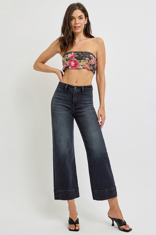 Risen Jeans washed black denim wide leg jeans with no rips