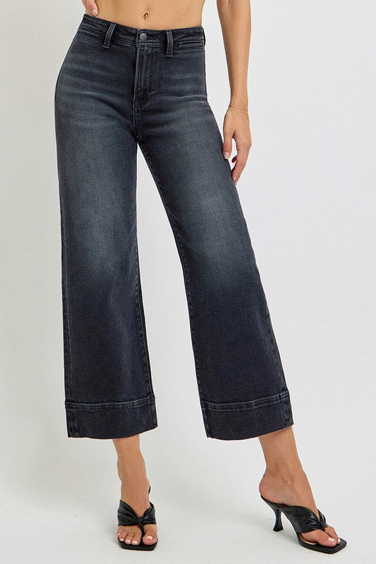 Risen Jeans washed black denim wide leg jeans with no rips