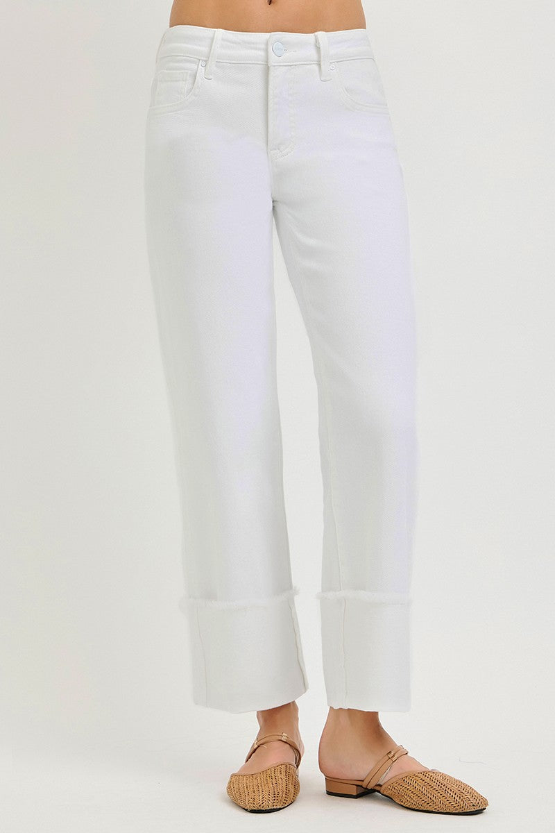 risen jeans stretchy white cuffed hem