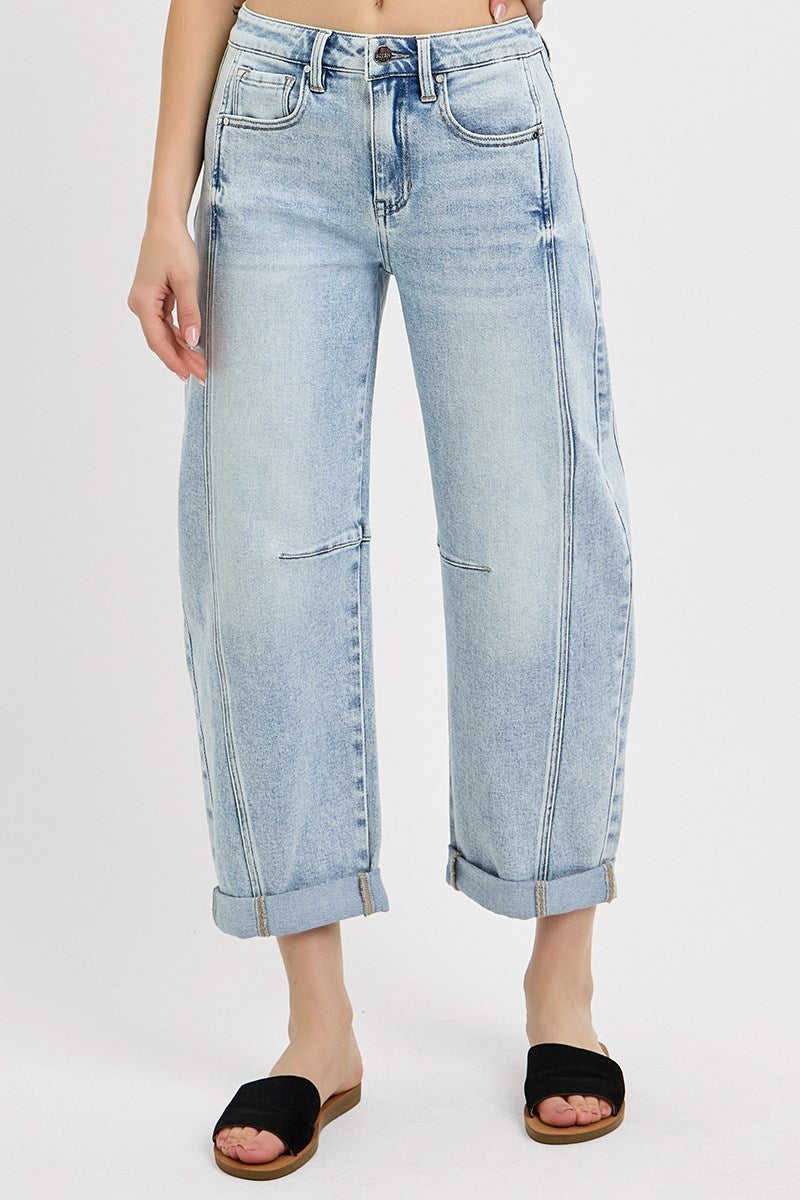 risen jeans light wash denim boyfriend barrel jeans