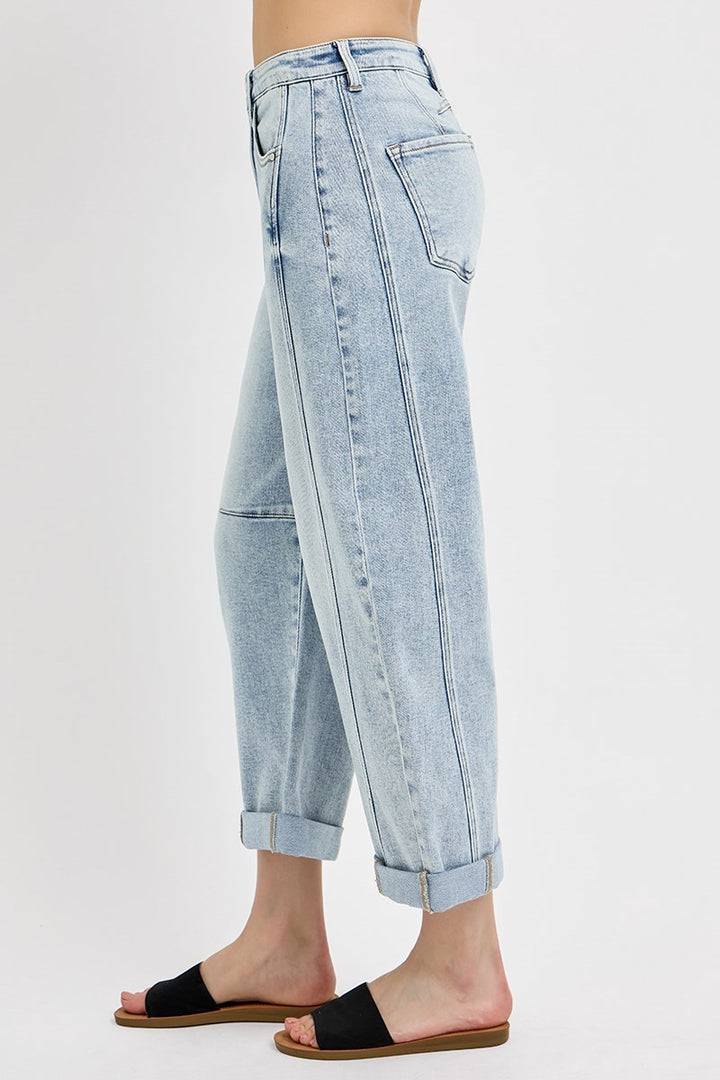 risen jeans light wash denim boyfriend barrel jeans